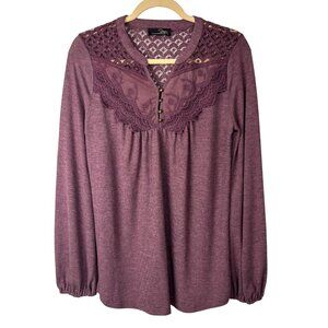 Suzanne Betro M Mauve Long Sleeve Peasant Top Lace Crochet Boho